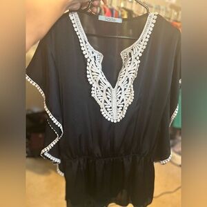 SOLD Elegant Black Blouse with off-White Lace Trim